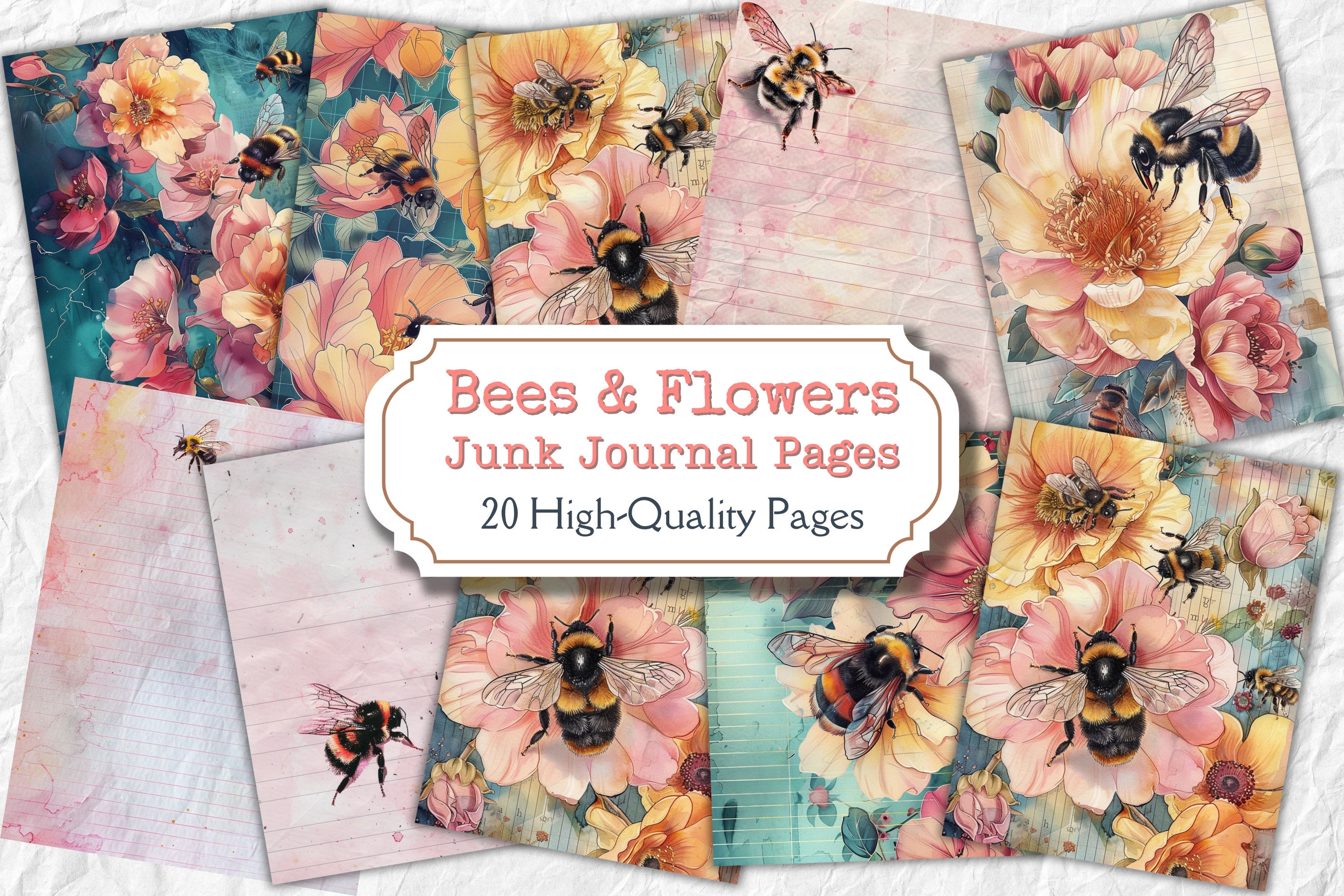 20 Bees and Flowers Journal Paper, Flower Junk Journal, Junk Journal ...