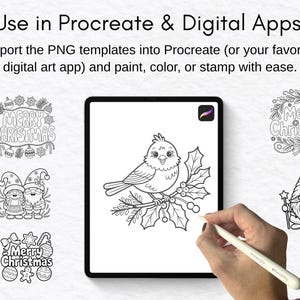 May include: A digital art template displayed on a tablet, featuring a black and white bird illustration perched on a holly branch. The image includes the text "Use in Procreate & Digital Apps" and "Merry Christmas" designs, ideal for digital art projects.