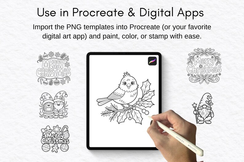 May include: A digital art template displayed on a tablet, featuring a black and white bird illustration perched on a holly branch. The image includes the text "Use in Procreate & Digital Apps" and "Merry Christmas" designs, ideal for digital art projects.