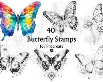 May include: A set of 40 butterfly stamps for Procreate, featuring a variety of designs, including colorful and black and white butterflies. The stamps are perfect for adding a touch of whimsy to your digital art.
