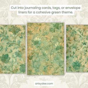 K&ouml;nnte beinhalten: Drei rechteckige Karten mit einem Vintage-Blumenmuster in Gr&uuml;n- und Beiget&ouml;nen. Die Karten zeigen ein sich wiederholendes Muster aus stilisierten Blumen und Bl&auml;ttern. Der Text oben lautet: "Cut into journaling cards, tags, or envelope liners for a cohesive green theme."