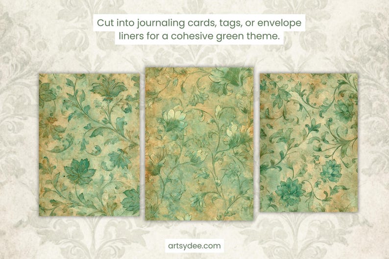 K&ouml;nnte beinhalten: Drei rechteckige Karten mit einem Vintage-Blumenmuster in Gr&uuml;n- und Beiget&ouml;nen. Die Karten zeigen ein sich wiederholendes Muster aus stilisierten Blumen und Bl&auml;ttern. Der Text oben lautet: "Cut into journaling cards, tags, or envelope liners for a cohesive green theme."