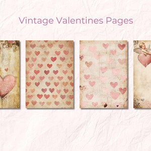 May include: Four vintage Valentine's Day themed printable pages. The first page features three pink and yellow hearts with a distressed background. The second page has a repeating pattern of pink hearts on a beige background. The third page has a distressed background with a pattern of pink hearts. The fourth page features two cherubs holding pink hearts with a distressed background.