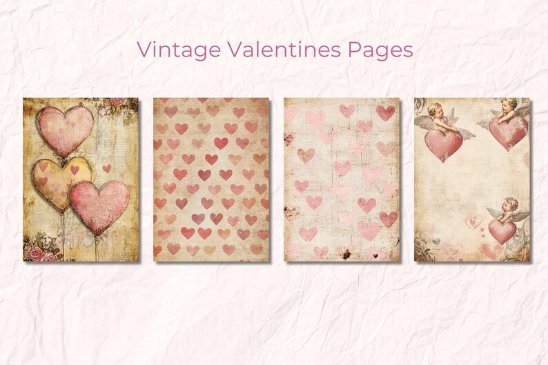 May include: Four vintage Valentine's Day themed printable pages. The first page features three pink and yellow hearts with a distressed background. The second page has a repeating pattern of pink hearts on a beige background. The third page has a distressed background with a pattern of pink hearts. The fourth page features two cherubs holding pink hearts with a distressed background.