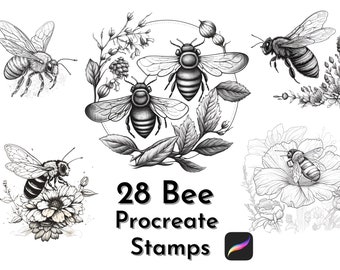 28 Bee Procreate Stamps, Bee Procreate, Procreate Stamps, Bee Stamps, Procreate Tattoo, Honey Comb, Honey Bee, Spring Flowers, Summer Vibe,