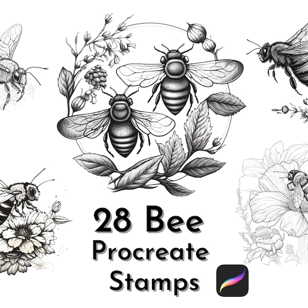 28 Bee Procreate Stamps, Bee Procreate, Procreate Stamps, Bee Stamps, Procreate Tattoo, Honey Comb, Honey Bee, Spring Flowers, Summer Vibe,