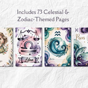 May include: Four watercolor-style journal covers featuring celestial and zodiac themes. The covers include illustrations for Virgo, Libra, Aquarius, and Pisces. The text on the image reads: Includes 73 Celestial & Zodiac-Themed Pages.