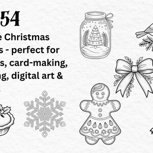May include: Black and white line art illustrations of Christmas-themed stamps. The image includes a jar with a Christmas tree, a bird on a branch, a bow, a gingerbread person, a candy cane, a pie, and a snowflake. Text reads "54 Festive Christmas Stamps".