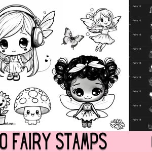 Könnte beinhalten: Schwarz-weiße digitale Kunst mit Stempeln zum Thema Feen. Enthält Illustrationen von Feen, einem Schmetterling, einem Pilz und einer Sonnenblume. Der Text "30 FAIRY STAMPS" wird unten angezeigt. Ein App-Symbol für digitale Kunst befindet sich unten rechts.