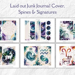 May include: A collection of watercolor junk journal covers, spines, and signatures. The designs feature celestial themes with zodiac signs, constellations, and cosmic elements in shades of blue, purple, and gold. The text "Laid out Junk Journal Cover, Spines & Signatures" is at the top.