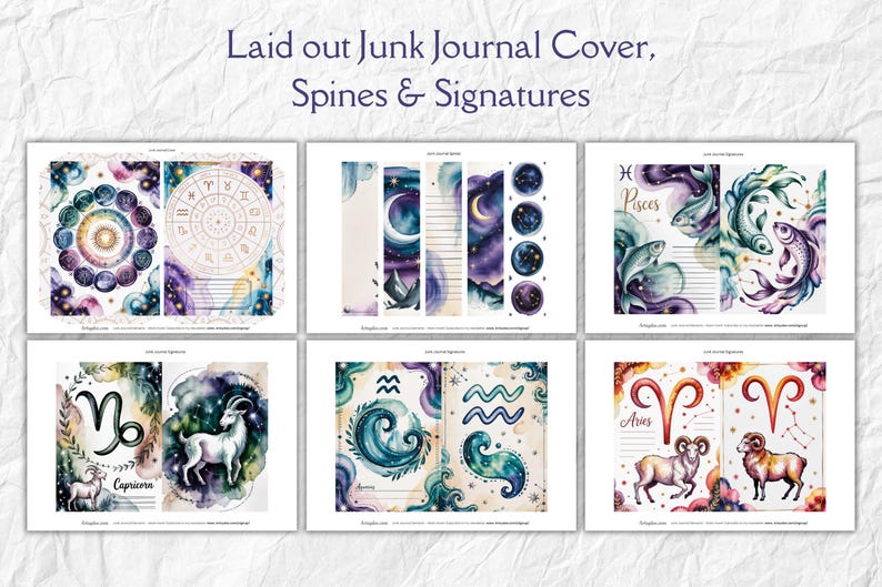 May include: A collection of watercolor junk journal covers, spines, and signatures. The designs feature celestial themes with zodiac signs, constellations, and cosmic elements in shades of blue, purple, and gold. The text "Laid out Junk Journal Cover, Spines & Signatures" is at the top.