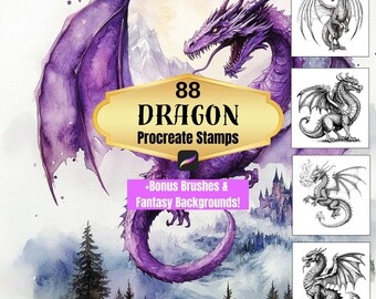 80 Dragon Procreate Stamps + FREE Fantasy Backgrounds | Mythical Creatures, Wings, Fire & Skulls | Procreate Brush Set for Digital Artists