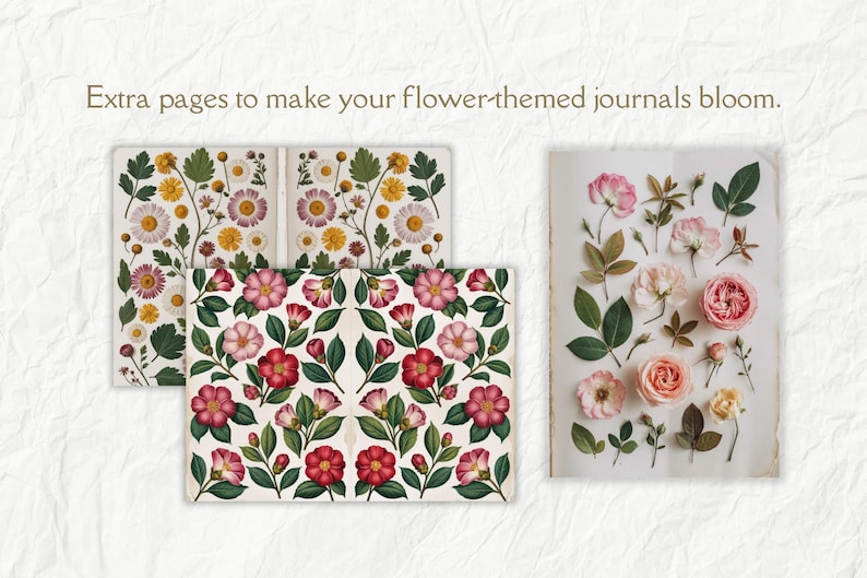 K&ouml;nnte beinhalten: Drei Seiten mit botanischen Vintage-Illustrationen mit verschiedenen Blumen. Die erste Seite zeigt eine Vielzahl von wei&szlig;en Blumen mit gelben Zentren. Die zweite Seite zeigt eine Vielzahl von rosa Blumen mit gr&uuml;nen Bl&auml;ttern. Die dritte Seite zeigt ein sich wiederholendes Muster aus rosa und roten Blumen mit gr&uuml;nen Bl&auml;ttern.
