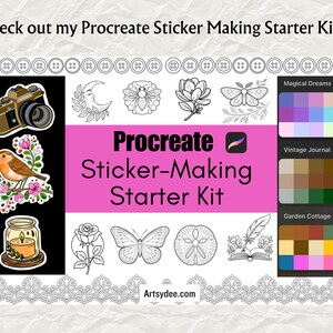 May include: A Procreate Sticker-Making Starter Kit with various sticker designs, including a camera, bird, candle, moon, bee, flower, butterfly, and color palettes. The text "Check out my Procreate Sticker Making Starter Kit..." is at the top.
