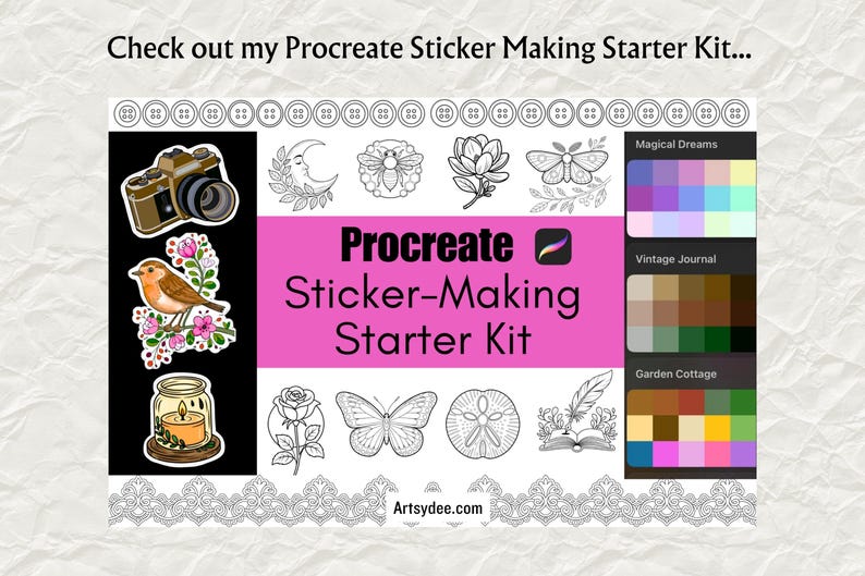 May include: A Procreate Sticker-Making Starter Kit with various sticker designs, including a camera, bird, candle, moon, bee, flower, butterfly, and color palettes. The text "Check out my Procreate Sticker Making Starter Kit..." is at the top.