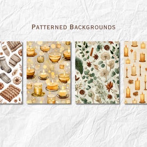 May include: Four patterned backgrounds are displayed, each with a unique design. The patterns include cozy winter items, glowing candles, botanical elements, and various candle arrangements. The text "PATTERNED BACKGROUNDS" is at the top.