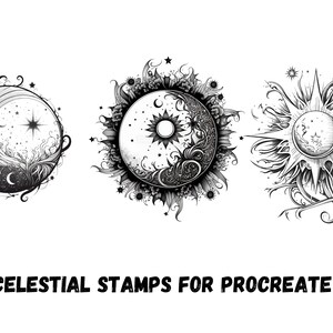 Peut inclure: Trois motifs de tampons c&eacute;lestes en noir et blanc pour Procreate. Le premier motif repr&eacute;sente un croissant de lune et une &eacute;toile. Le deuxi&egrave;me motif repr&eacute;sente un soleil et un croissant de lune. Le troisi&egrave;me motif repr&eacute;sente un soleil avec un croissant de lune &agrave; l'int&eacute;rieur.