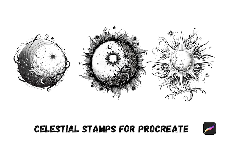 Peut inclure: Trois motifs de tampons c&eacute;lestes en noir et blanc pour Procreate. Le premier motif repr&eacute;sente un croissant de lune et une &eacute;toile. Le deuxi&egrave;me motif repr&eacute;sente un soleil et un croissant de lune. Le troisi&egrave;me motif repr&eacute;sente un soleil avec un croissant de lune &agrave; l'int&eacute;rieur.
