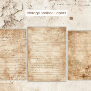 May include: Three vintage stained papers with aged, sepia tones. Each sheet features handwritten script and decorative elements. The text "Vintage Stained Papers" is at the top. The papers are arranged on a textured, aged background.