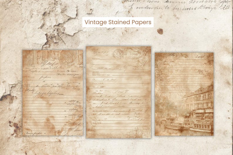 May include: Three vintage stained papers with aged, sepia tones. Each sheet features handwritten script and decorative elements. The text "Vintage Stained Papers" is at the top. The papers are arranged on a textured, aged background.