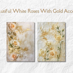 Puede incluir: Dos impresiones en lienzo blancas con fondo blanco y detalles dorados. Las impresiones presentan rosas blancas con detalles dorados.