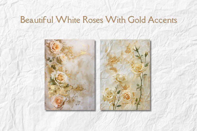 Puede incluir: Dos impresiones en lienzo blancas con fondo blanco y detalles dorados. Las impresiones presentan rosas blancas con detalles dorados.