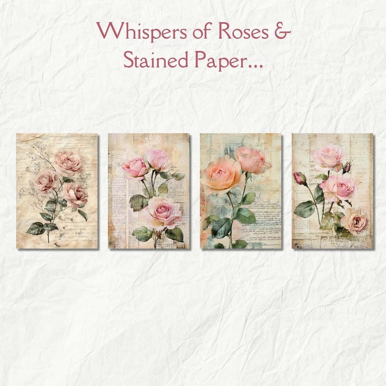 Może przedstawiać: Zestaw trzech vintage'owych wydruk&oacute;w przedstawiających r&oacute;żowe r&oacute;że na tle starego, wyblakłego papieru z tekstem. Tytuł "Whispers of Roses & Stained Paper..." znajduje się u g&oacute;ry obrazu.
