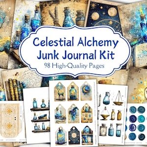 May include: A digital junk journal kit with a celestial alchemy theme. The kit includes 98 high-quality pages with images of stars, moons, owls, deer, bottles, and other celestial elements.