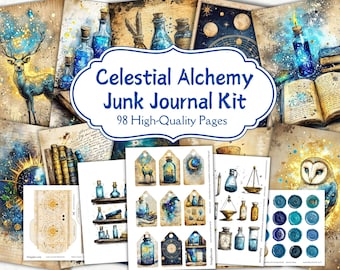 May include: A digital junk journal kit with a celestial alchemy theme. The kit includes 98 high-quality pages with images of stars, moons, owls, deer, bottles, and other celestial elements.