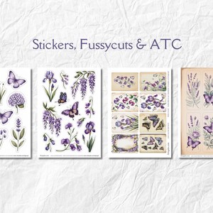 Może przedstawiać: Cztery arkusze naklejek, wycinanek i kart ATC z akwarelowymi ilustracjami fioletowych motyli, lawendy i element&oacute;w kwiatowych. Tekst "Stickers, Fussycuts & ATC" znajduje się u g&oacute;ry.