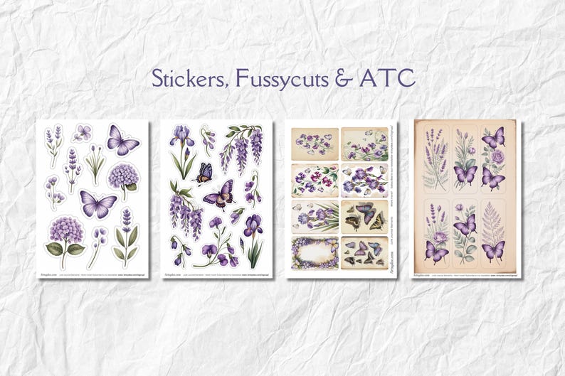 Może przedstawiać: Cztery arkusze naklejek, wycinanek i kart ATC z akwarelowymi ilustracjami fioletowych motyli, lawendy i element&oacute;w kwiatowych. Tekst "Stickers, Fussycuts & ATC" znajduje się u g&oacute;ry.