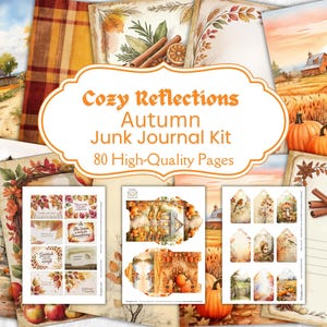 Op de afbeelding: Een verzameling herfst-thema journaalpagina's met aquarel illustraties. De kit bevat afbeeldingen van pompoenen, schuren en herfstbladeren. De tekst luidt "Cozy Reflections Autumn Junk Journal Kit" en "80 High-Quality Pages".