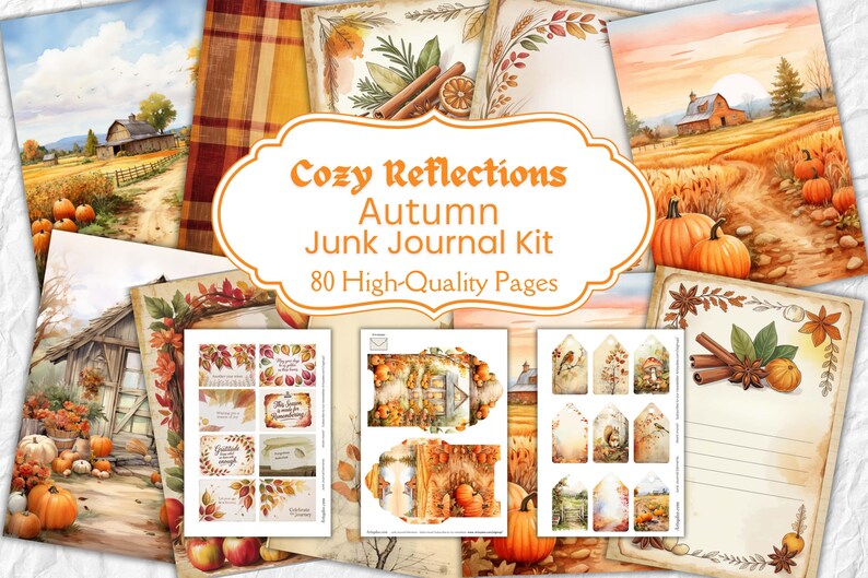 Op de afbeelding: Een verzameling herfst-thema journaalpagina's met aquarel illustraties. De kit bevat afbeeldingen van pompoenen, schuren en herfstbladeren. De tekst luidt "Cozy Reflections Autumn Junk Journal Kit" en "80 High-Quality Pages".