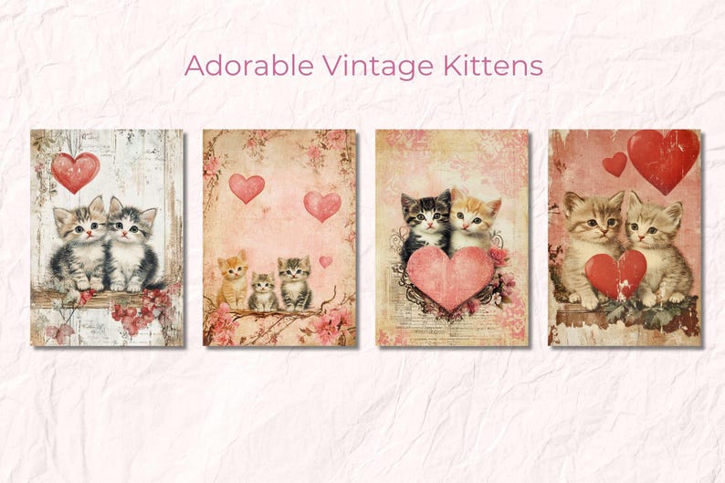 May include: Four vintage-style printable cards featuring adorable kittens with hearts. The cards have a pink and white background with a distressed look. The text "Adorable Vintage Kittens" is at the top of the image.
