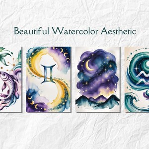 May include: Four watercolor art prints with celestial and zodiac themes. The prints feature fish, Gemini, a night sky with a crescent moon, and a wave with the Aquarius symbol. The text "Beautiful Watercolor Aesthetic" is at the top.
