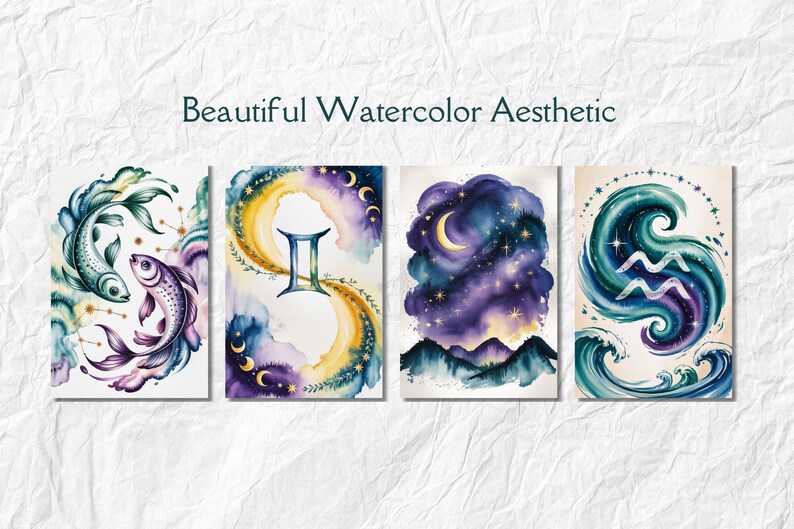 May include: Four watercolor art prints with celestial and zodiac themes. The prints feature fish, Gemini, a night sky with a crescent moon, and a wave with the Aquarius symbol. The text "Beautiful Watercolor Aesthetic" is at the top.