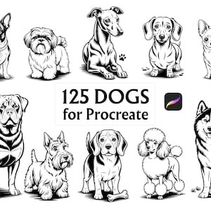 Puede incluir: Un conjunto de 125 ilustraciones de perros en blanco y negro para Procreate. Las ilustraciones presentan varias razas de perros, incluyendo un Boston Terrier, Shih Tzu, Dachshund, Chihuahua, Rottweiler, Scottish Terrier, Beagle, Poodle y Husky.