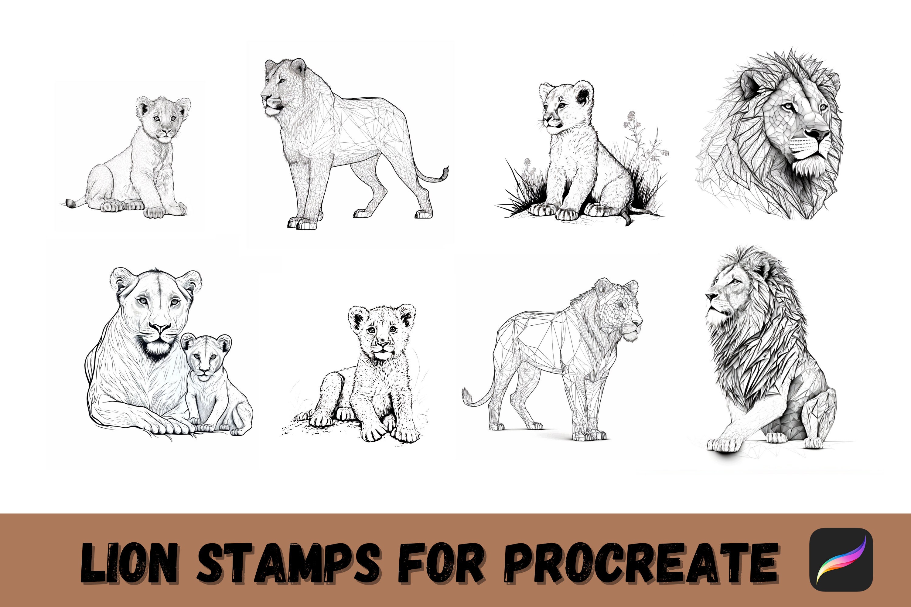Lion Procreate Stamp, Lion Stamps, Lion and Cubs Tattoo Procreate