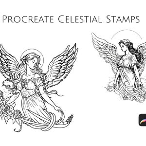 Peut inclure: Illustration en noir et blanc d'un ange avec des ailes, tenant un bouquet de roses. L'ange porte une robe fluide et a les cheveux longs. L'image est intitul&eacute;e "Procreate Celestial Stamps".
