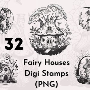 32 tampons numériques maison de fée, maison de fée PNG, maisons champignon, tampon numérique, scrapbooking, fabrication de cartes, procréer à colorier, page à colorier