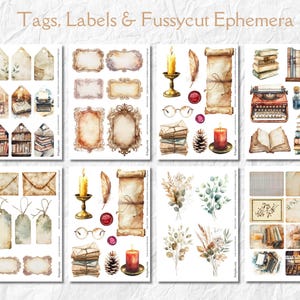 Op de afbeelding: Een verzameling vellen met ephemera in vintage stijl met labels, etiketten en uitgesneden elementen. De vellen bevatten illustraties van boeken, kaarsen, rollen, frames en een typemachine. De tekst "Tags, Labels & Fussycut Ephemera" staat bovenaan.