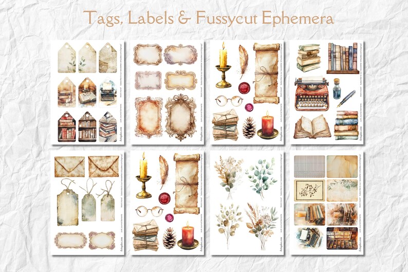 Op de afbeelding: Een verzameling vellen met ephemera in vintage stijl met labels, etiketten en uitgesneden elementen. De vellen bevatten illustraties van boeken, kaarsen, rollen, frames en een typemachine. De tekst "Tags, Labels & Fussycut Ephemera" staat bovenaan.