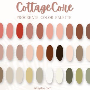 Könnte beinhalten: Eine digitale Farbpalette für Procreate mit 24 Farbtönen in Rosa, Braun, Beige und Grün. Die Palette trägt den Titel "CottageCore" und wird auf weißem Hintergrund angezeigt.