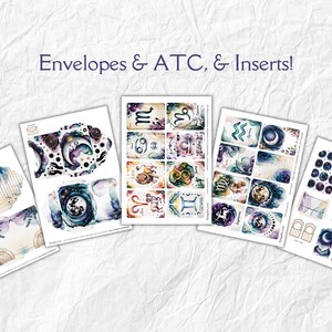 May include: Assortment of printed paper sheets with celestial and zodiac designs. The sheets include envelopes, ATC cards, and inserts. The color palette features blues, purples, and gold accents. Text on the image reads "Envelopes & ATC, & Inserts!"