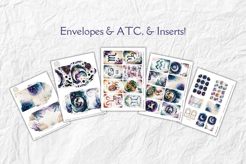 May include: Assortment of printed paper sheets with celestial and zodiac designs. The sheets include envelopes, ATC cards, and inserts. The color palette features blues, purples, and gold accents. Text on the image reads "Envelopes & ATC, & Inserts!"