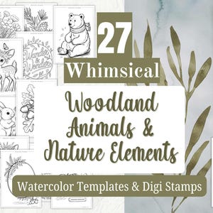 気まぐれな森のデジスタンプ印刷可能、水彩画テンプレート、森の動物のアウトライン、Procreate PNG、初心者向け水彩画、リス