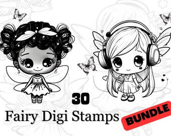 30 Fairy Digital Stamps, Fairy PNG, Coloring Page, Card Making, Fairy Digital Stamp, Procreate stamps, Fairy, Fairytale clipart, Digi Stamps
