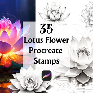 30 Selos Procreate de Flor de Lótus, Lotus Procreate, Pincéis Procreate, Tatuagem de Lótus, Tatuagem Procreate, Selos de Lótus, Tatuagem Fineline, Lótus