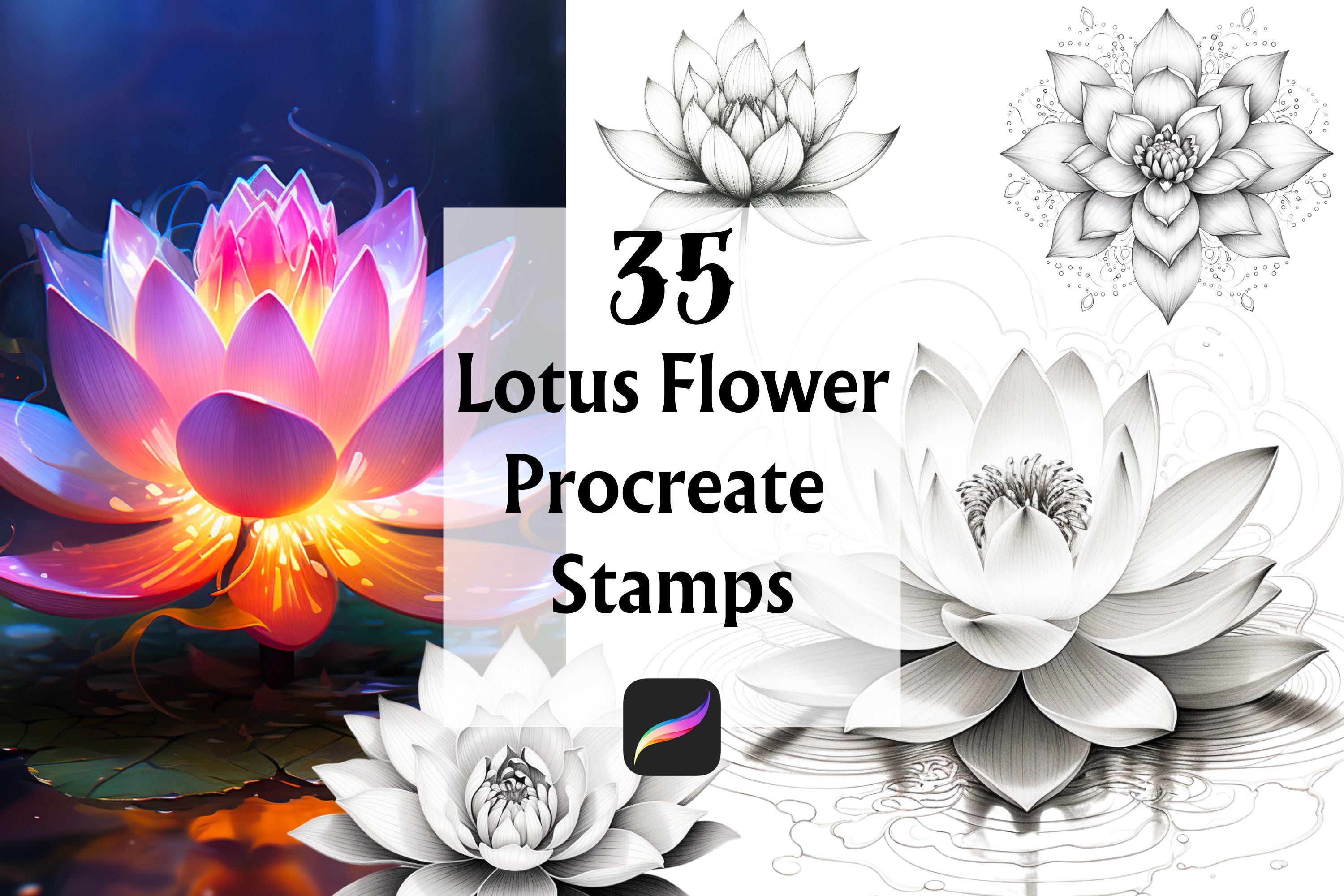 30 Lotus Flower Procreate Stamps, Lotus Procreate, Procreate Brushes ...