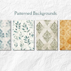 Op de afbeelding: Vier rechthoekige achtergronden met patronen worden getoond. De patronen omvatten damast- en botanische ontwerpen in tinten blauw, groen en goud. De tekst "Patterned Backgrounds" staat bovenaan.